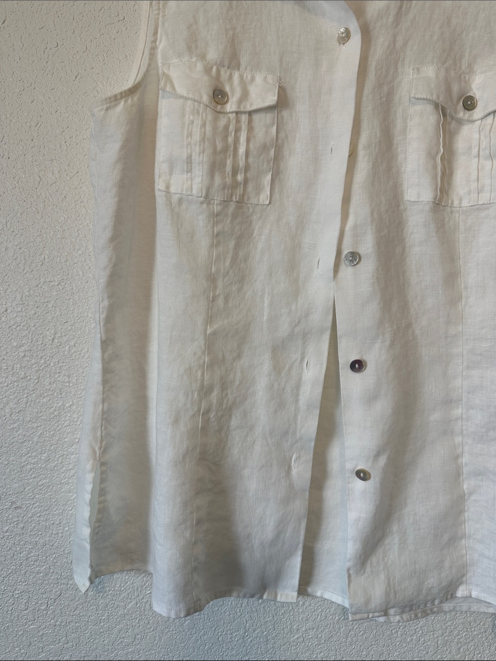 Sleeveless Button-Front White Linen Shirt by Richard Malcolm Irish Linen Medium - Picture 4 of 16